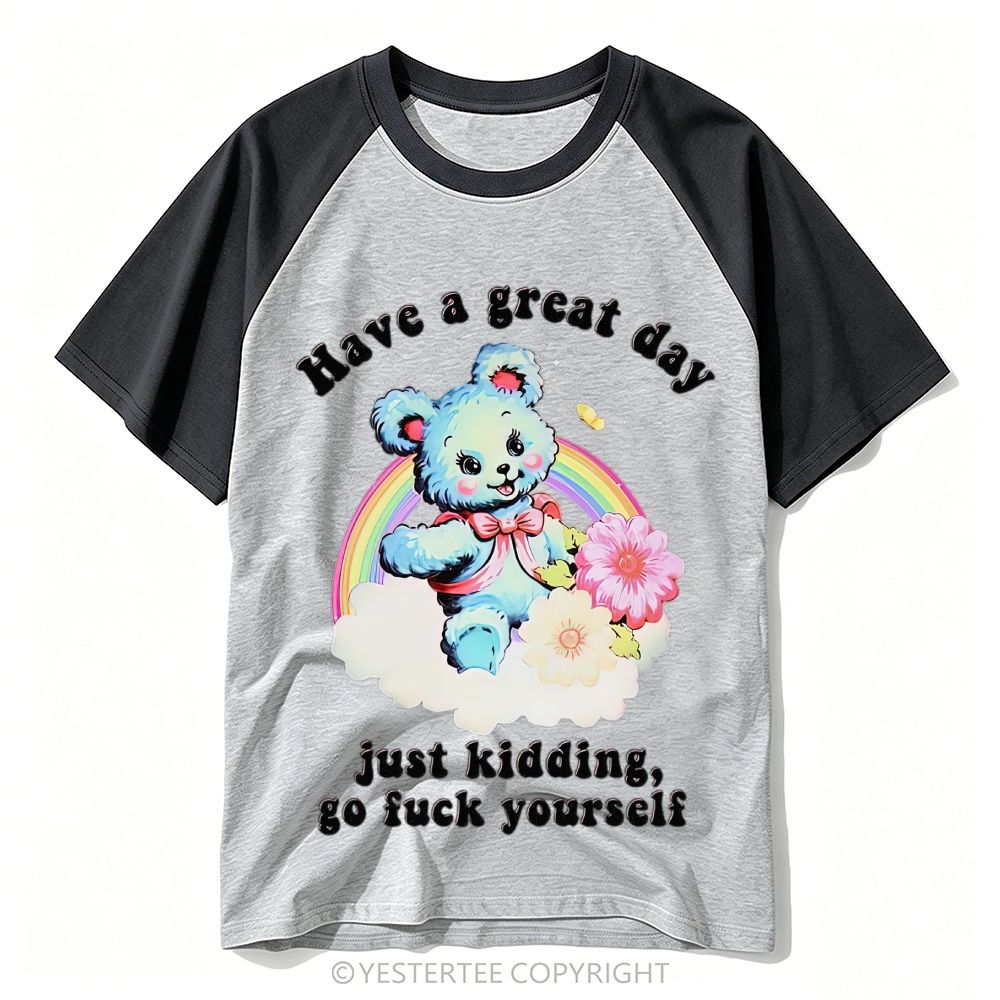 Kitsch Rainbow Cloud Blue Teddy Bear Contrast Crude Slogan Baseball T-shirt 