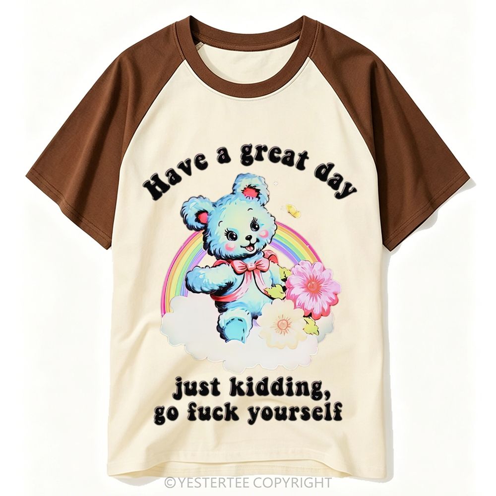 Kitsch Rainbow Cloud Blue Teddy Bear Contrast Crude Slogan Baseball T-shirt 