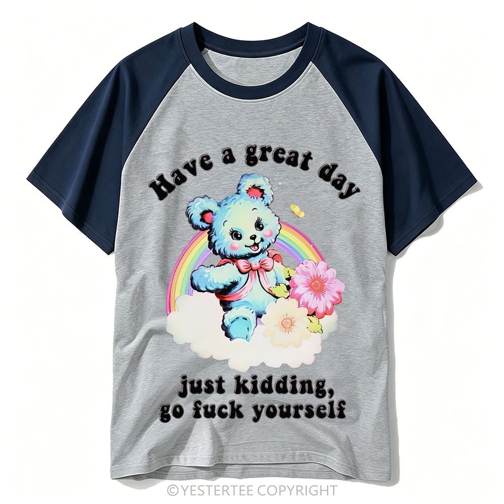 Kitsch Rainbow Cloud Blue Teddy Bear Contrast Crude Slogan Baseball T-shirt 