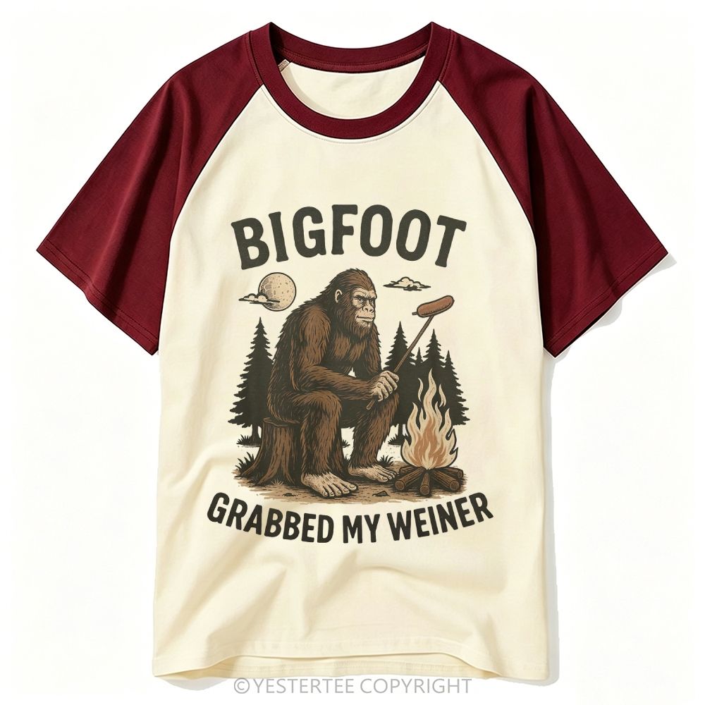 Bigfoot Camping Campfire Hot Dog Funny Slogan Burgundy Cream Baseball T-shirt 