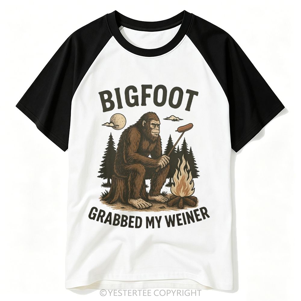 Bigfoot Camping Campfire Hot Dog Funny Slogan Burgundy Cream Baseball T-shirt 