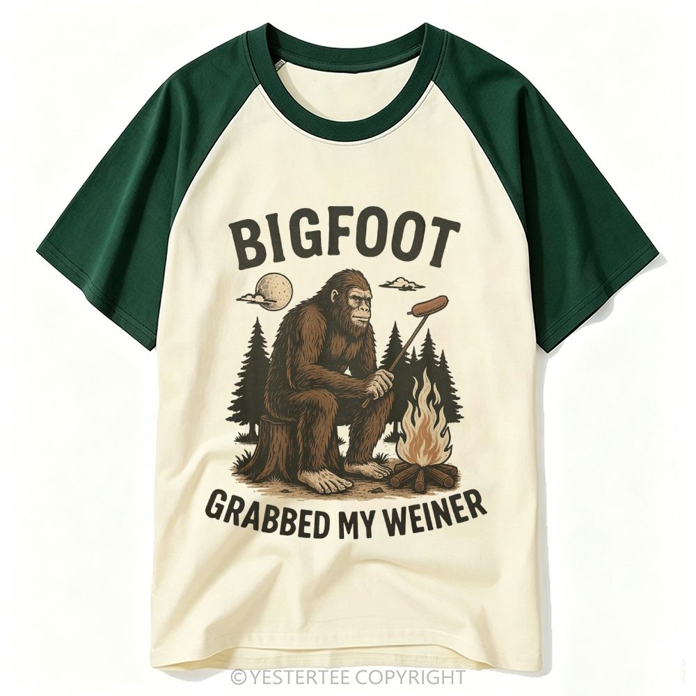 Bigfoot Camping Campfire Hot Dog Funny Slogan Burgundy Cream Baseball T-shirt 