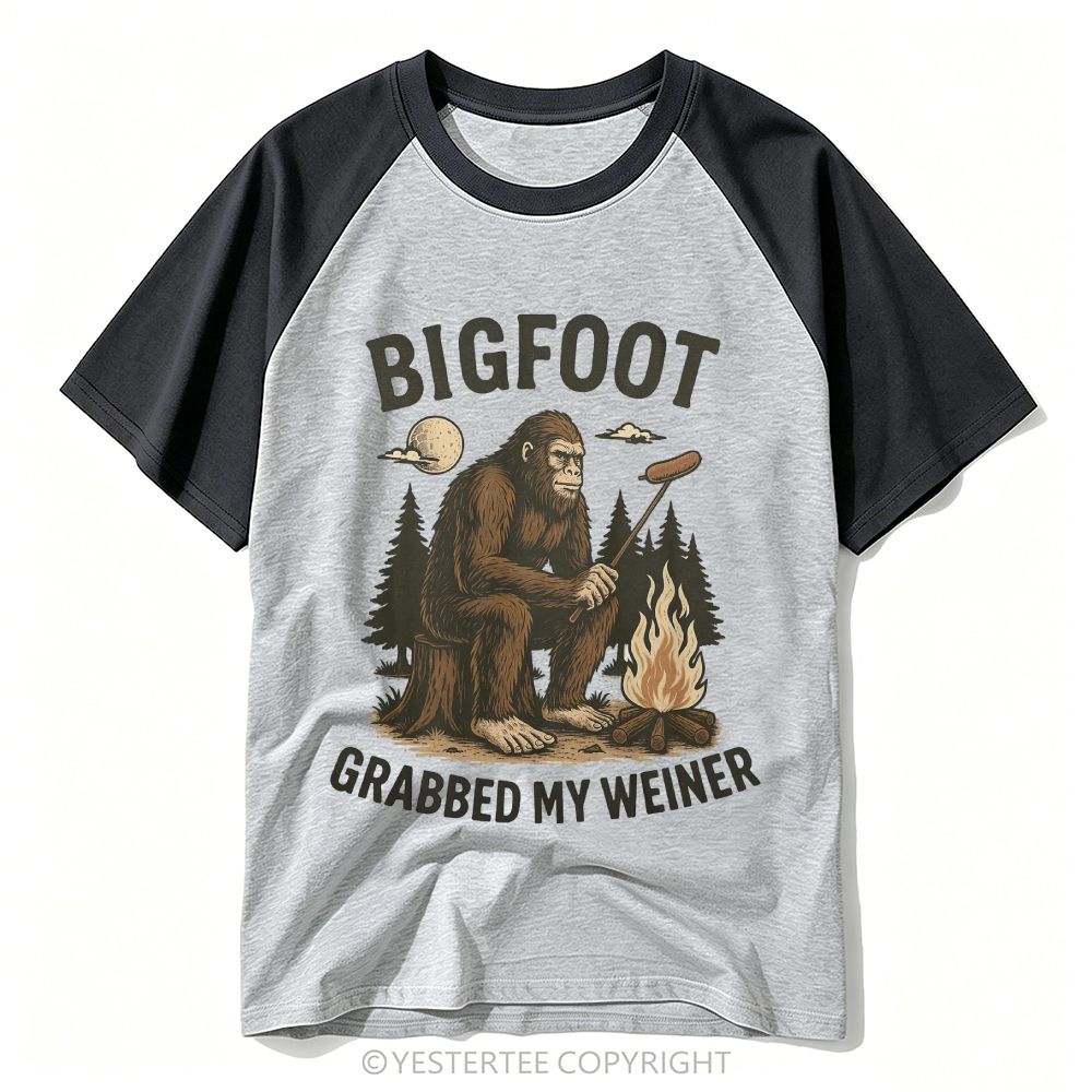 Bigfoot Camping Campfire Hot Dog Funny Slogan Burgundy Cream Baseball T-shirt 