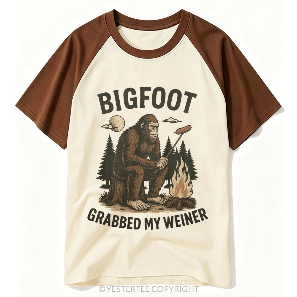 Bigfoot Camping Campfire Hot Dog Funny Slogan Burgundy Cream Baseball T-shirt 