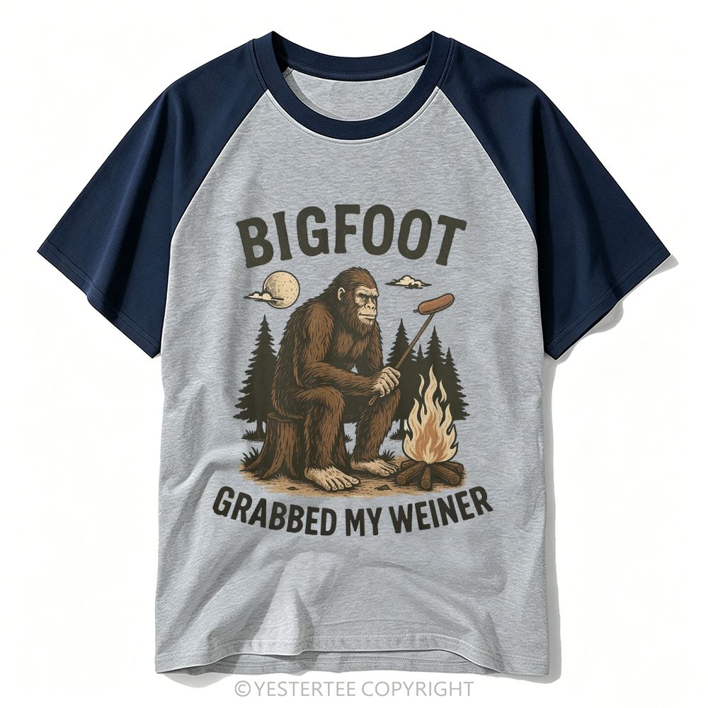 Bigfoot Camping Campfire Hot Dog Funny Slogan Burgundy Cream Baseball T-shirt 