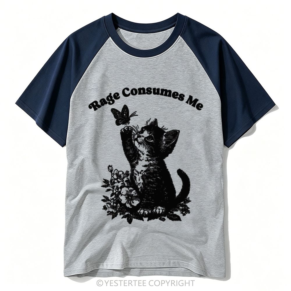 Engraved Kitten Butterfly Floral Angry Quote Baseball T-shirt
