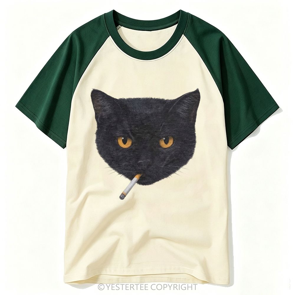 Realistic Black Cat Portrait Print Baseball T-shirt 