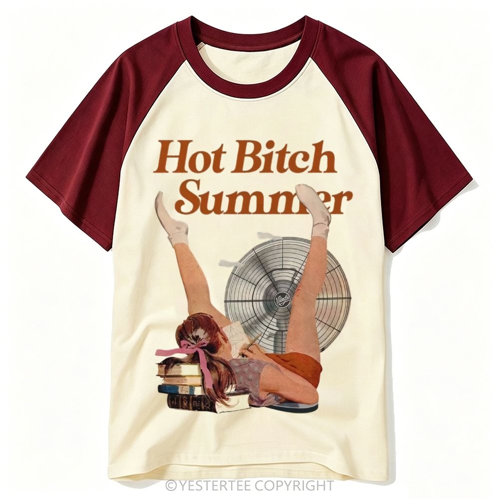 Pin-Up Lady Fan Book Stack Crude Summer Slogan Baseball T-shirt