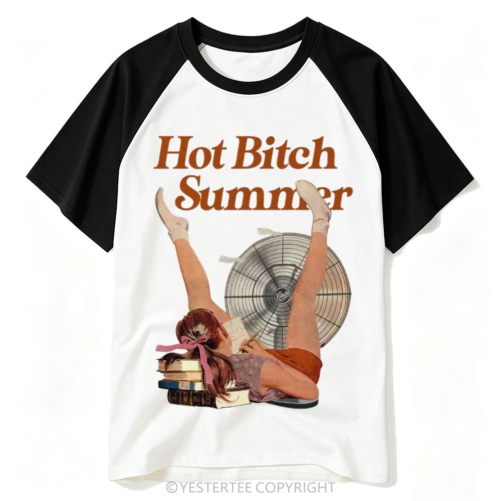 Pin-Up Lady Fan Book Stack Crude Summer Slogan Baseball T-shirt