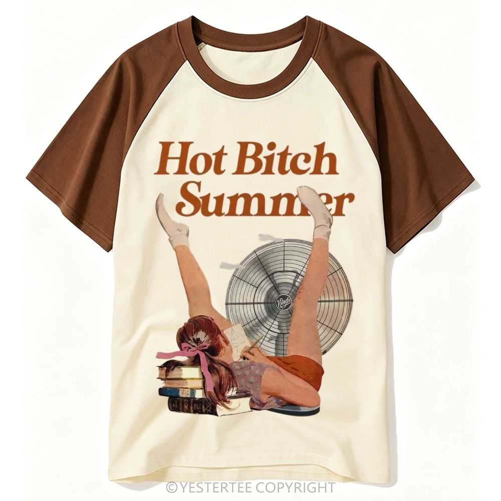 Pin-Up Lady Fan Book Stack Crude Summer Slogan Baseball T-shirt