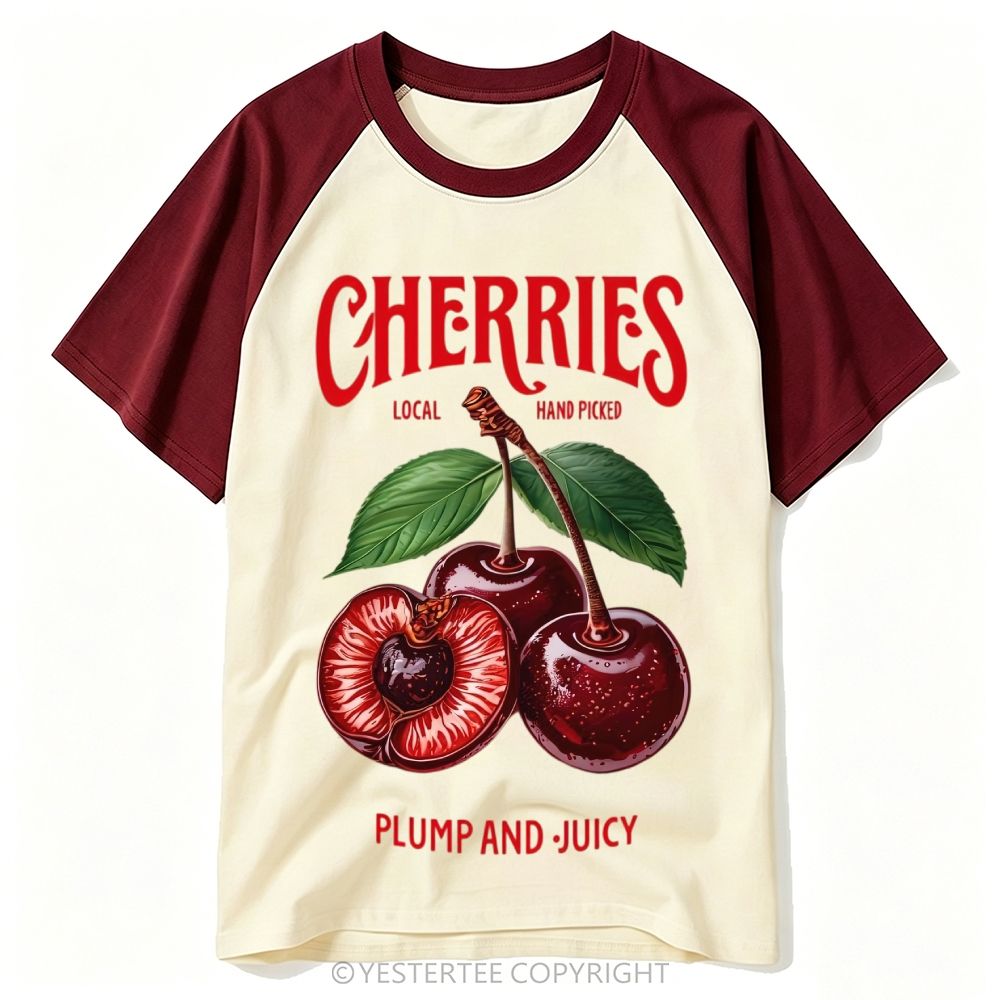 Farm Fresh Juicy Cherry Fruit Label Baseball T-shirt