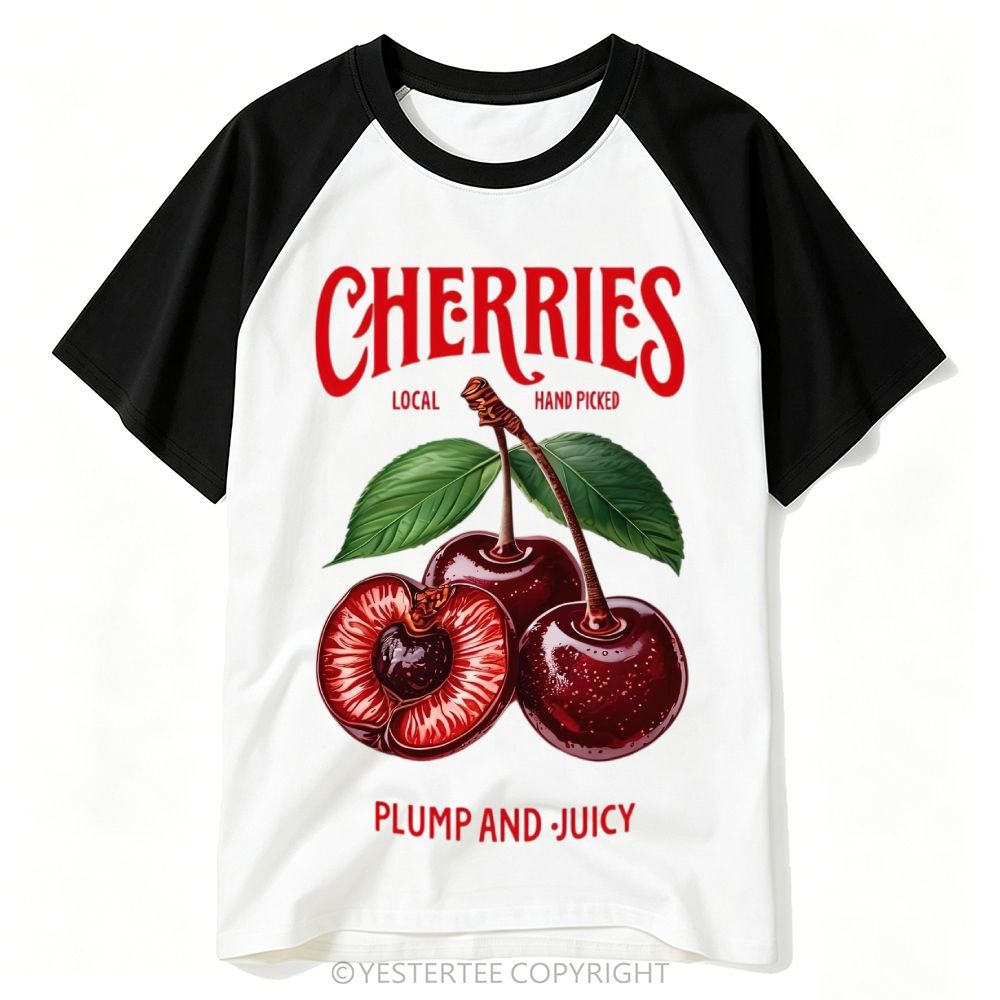 Farm Fresh Juicy Cherry Fruit Label Baseball T-shirt