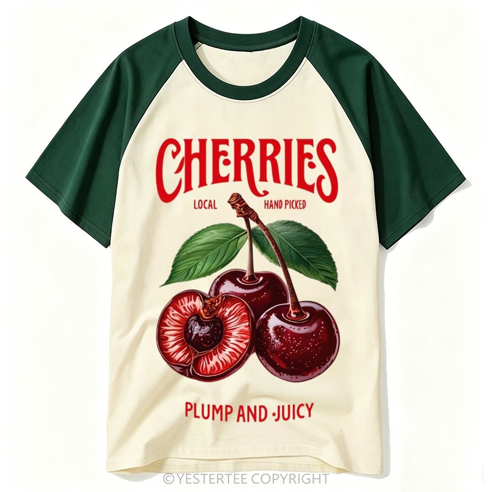 Farm Fresh Juicy Cherry Fruit Label Baseball T-shirt