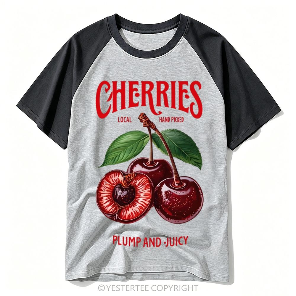 Farm Fresh Juicy Cherry Fruit Label Baseball T-shirt