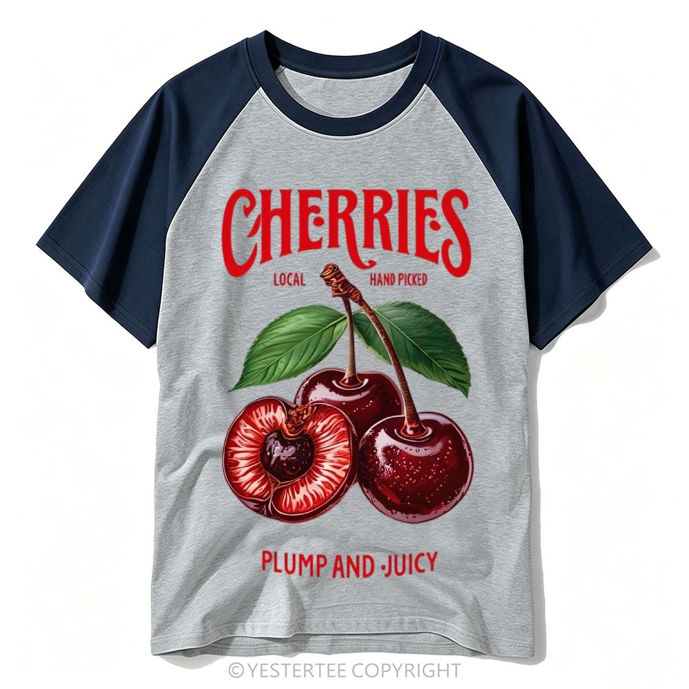 Farm Fresh Juicy Cherry Fruit Label Baseball T-shirt