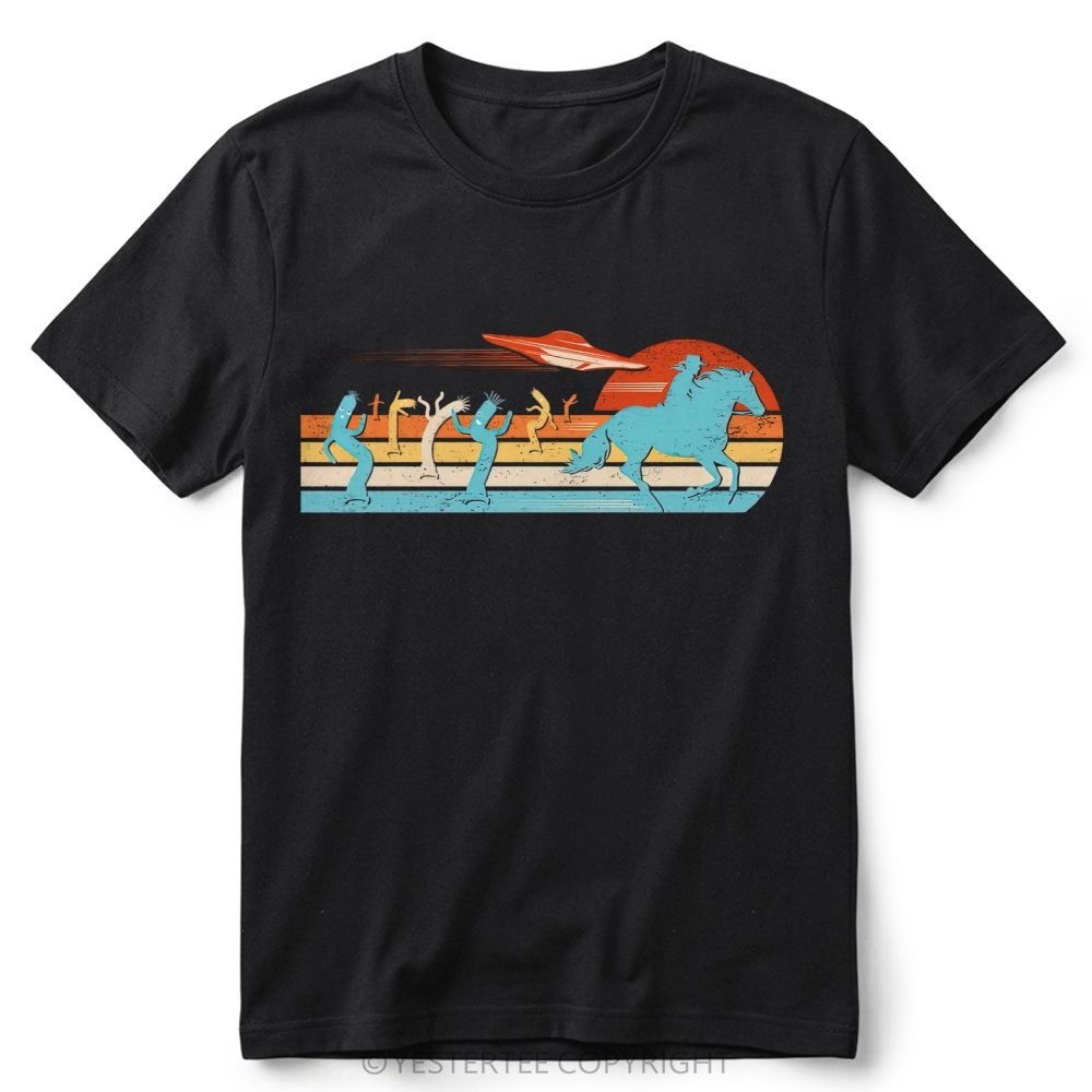 Retro Western Desert UFO Cowboy Cactus Vintage Striped Sunset Cotton T-Shirt 