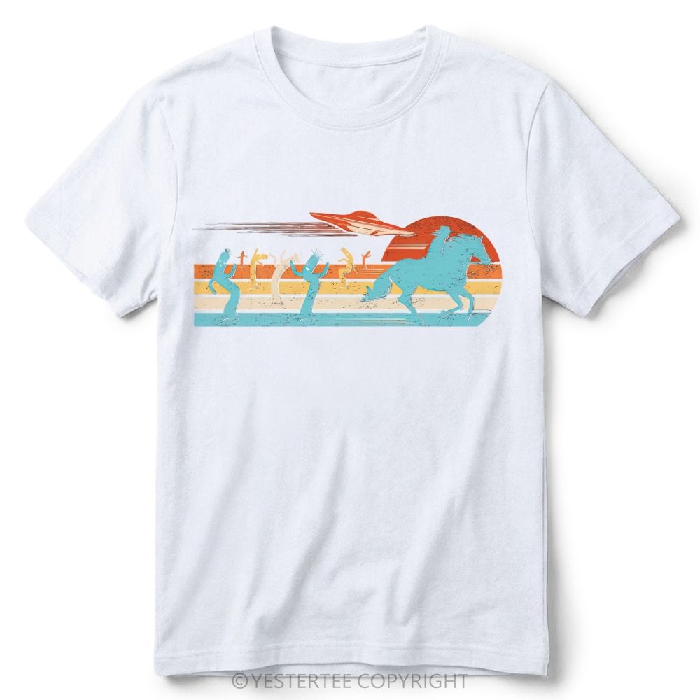 Retro Western Desert UFO Cowboy Cactus Vintage Striped Sunset Cotton T-Shirt 