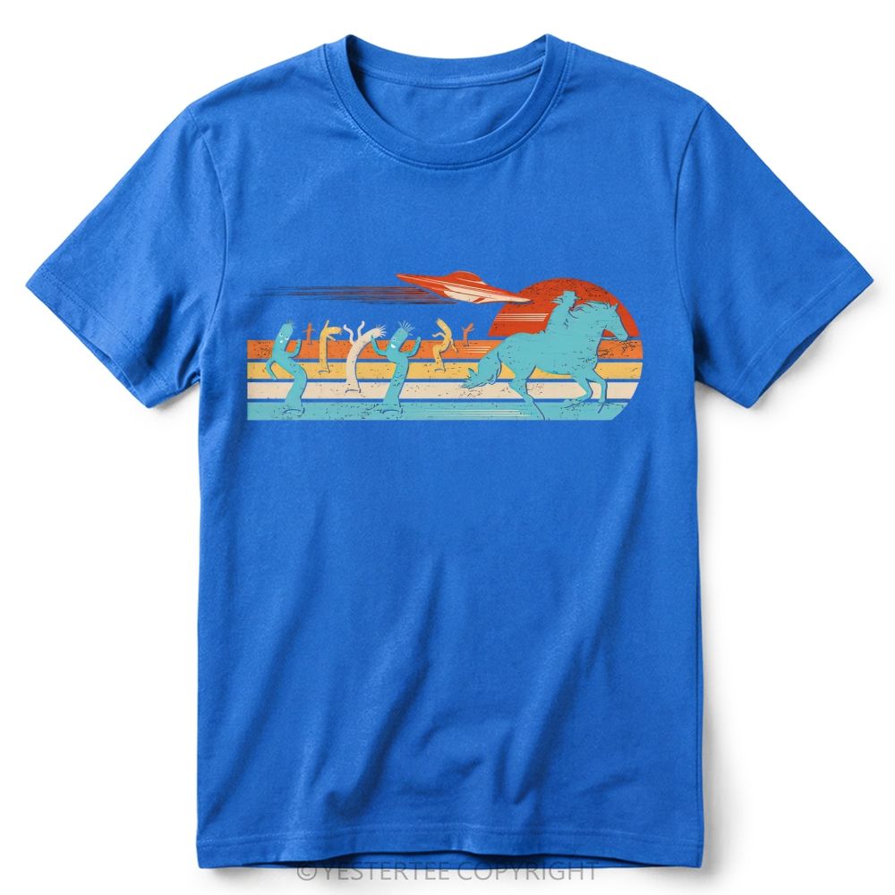 Retro Western Desert UFO Cowboy Cactus Vintage Striped Sunset Cotton T-Shirt 