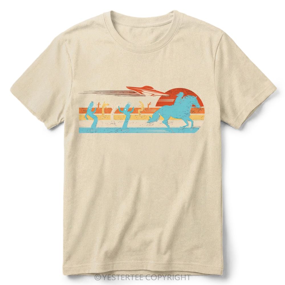 Retro Western Desert UFO Cowboy Cactus Vintage Striped Sunset Cotton T-Shirt 