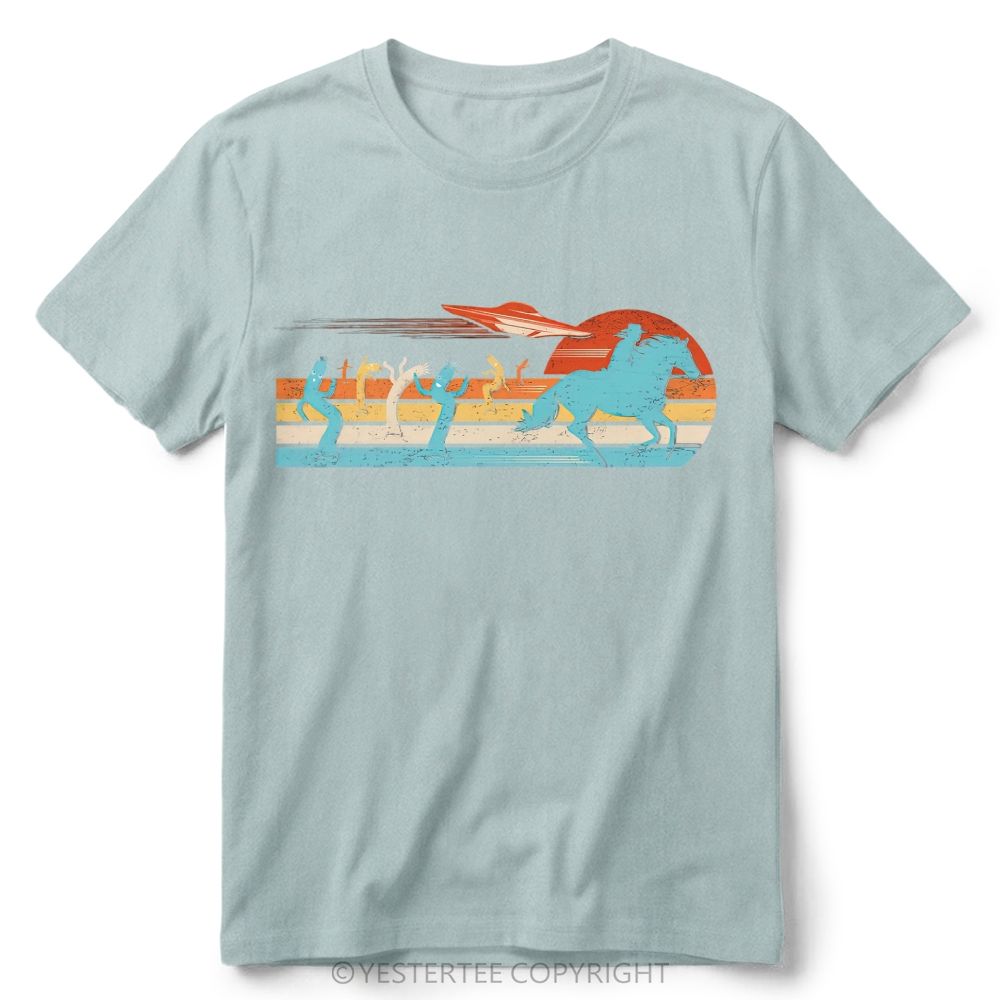 Retro Western Desert UFO Cowboy Cactus Vintage Striped Sunset Cotton T-Shirt 
