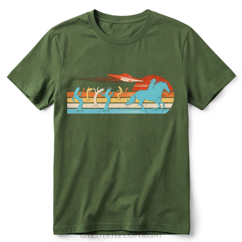 Retro Western Desert UFO Cowboy Cactus Vintage Striped Sunset Cotton T-Shirt 
