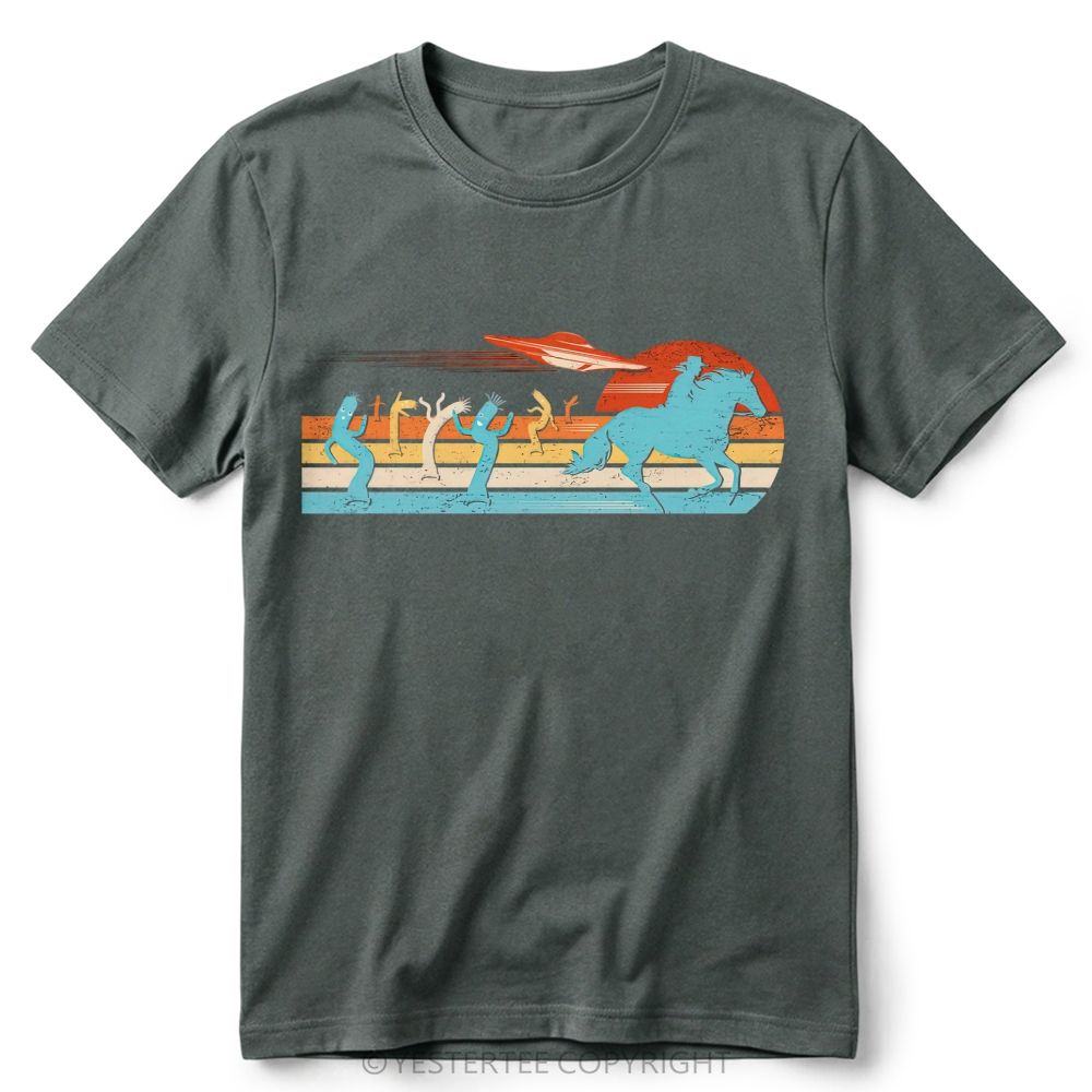 Retro Western Desert UFO Cowboy Cactus Vintage Striped Sunset Cotton T-Shirt 