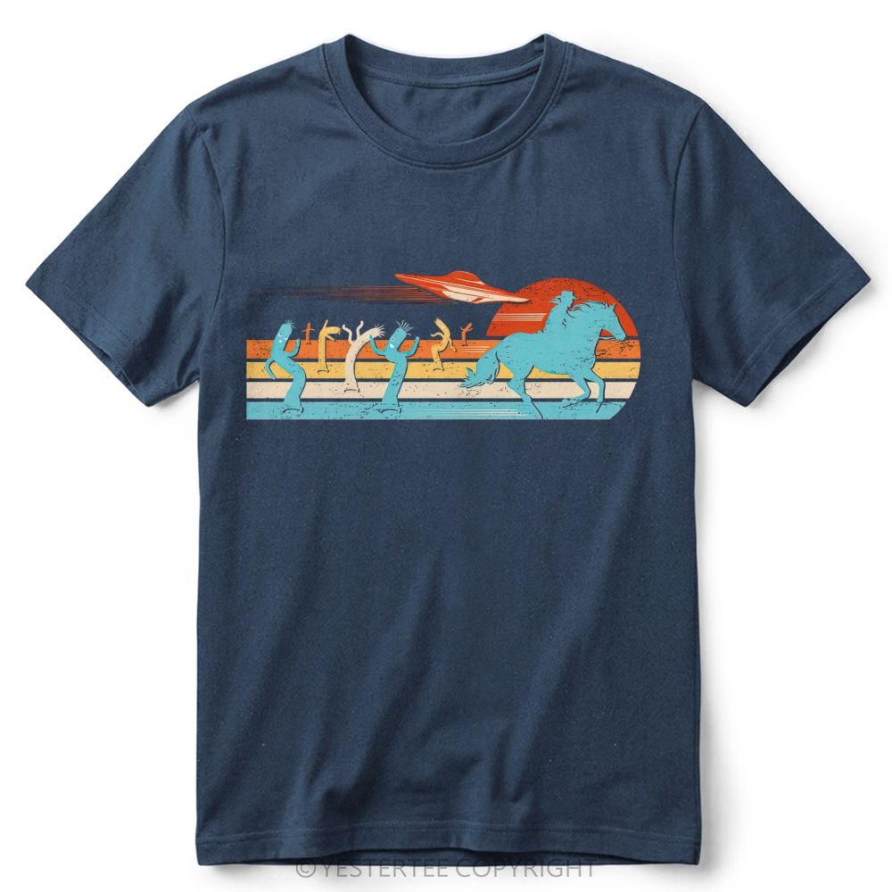 Retro Western Desert UFO Cowboy Cactus Vintage Striped Sunset Cotton T-Shirt 