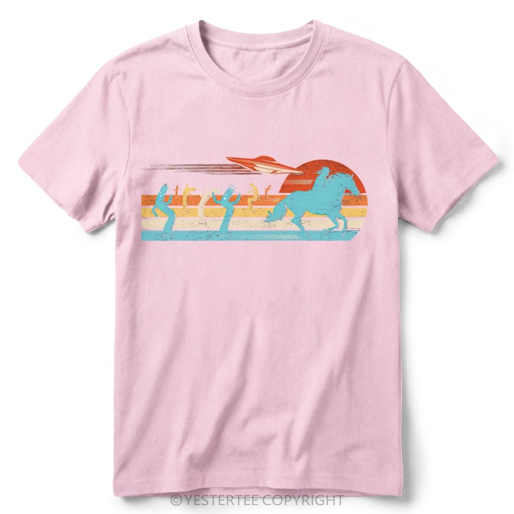 Retro Western Desert UFO Cowboy Cactus Vintage Striped Sunset Cotton T-Shirt 