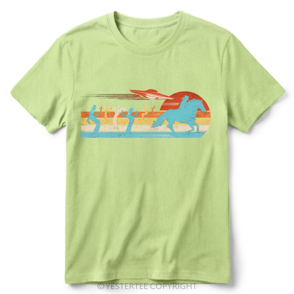 Retro Western Desert UFO Cowboy Cactus Vintage Striped Sunset Cotton T-Shirt 