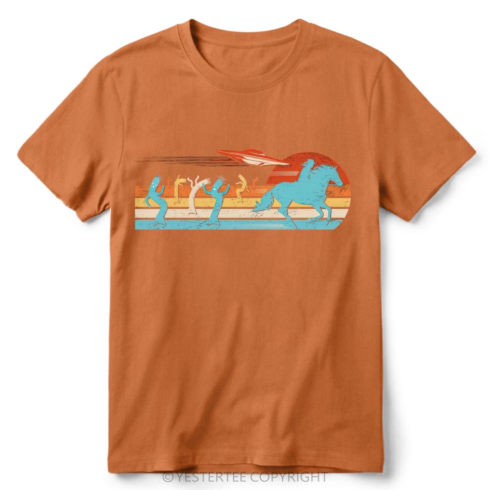 Retro Western Desert UFO Cowboy Cactus Vintage Striped Sunset Cotton T-Shirt 