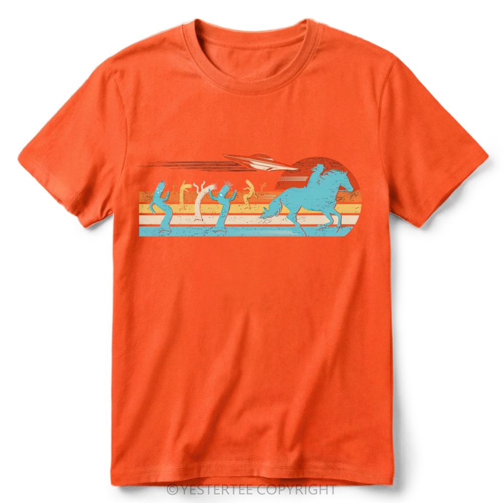 Retro Western Desert UFO Cowboy Cactus Vintage Striped Sunset Cotton T-Shirt 