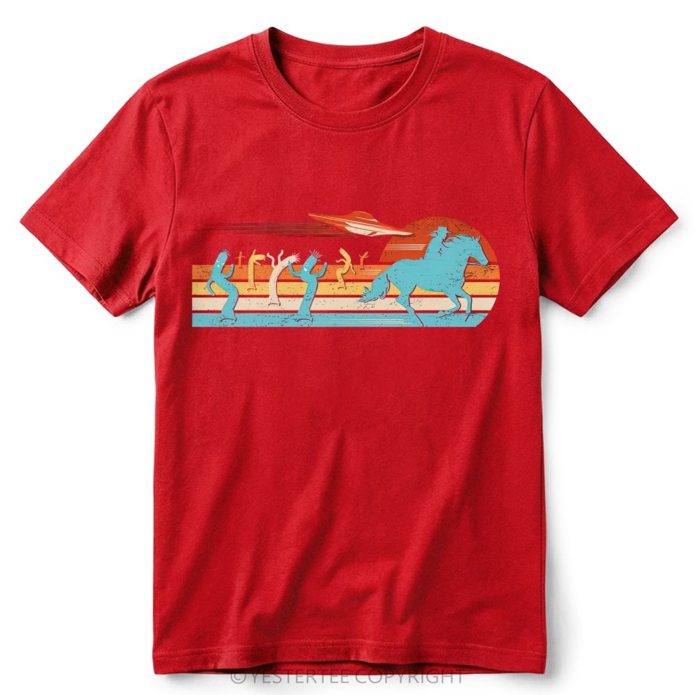 Retro Western Desert UFO Cowboy Cactus Vintage Striped Sunset Cotton T-Shirt 