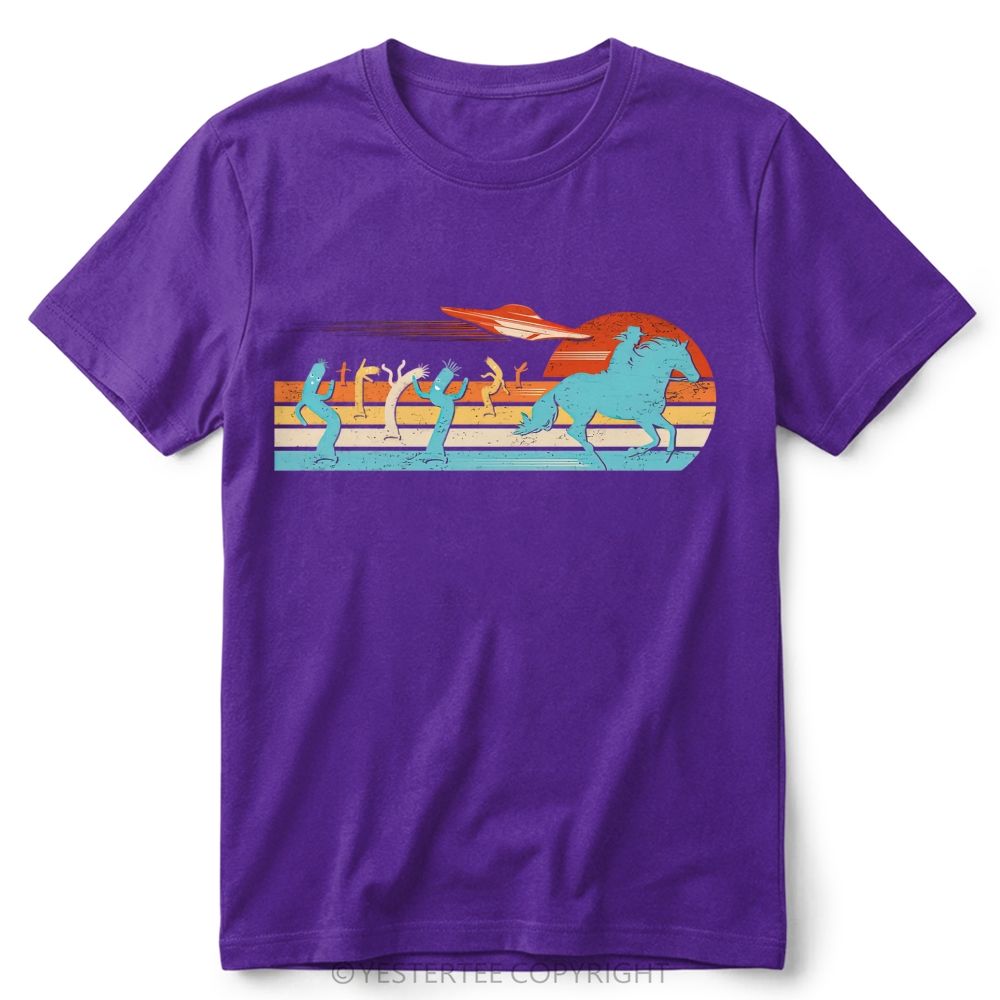 Retro Western Desert UFO Cowboy Cactus Vintage Striped Sunset Cotton T-Shirt 