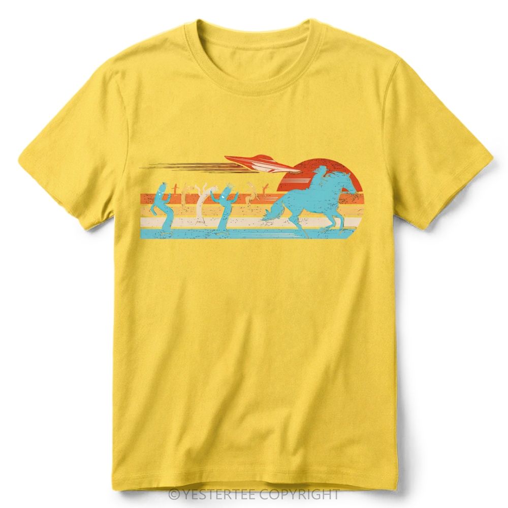 Retro Western Desert UFO Cowboy Cactus Vintage Striped Sunset Cotton T-Shirt 