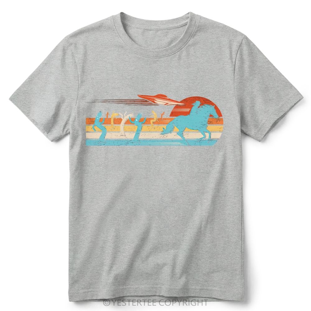 Retro Western Desert UFO Cowboy Cactus Vintage Striped Sunset Cotton T-Shirt 
