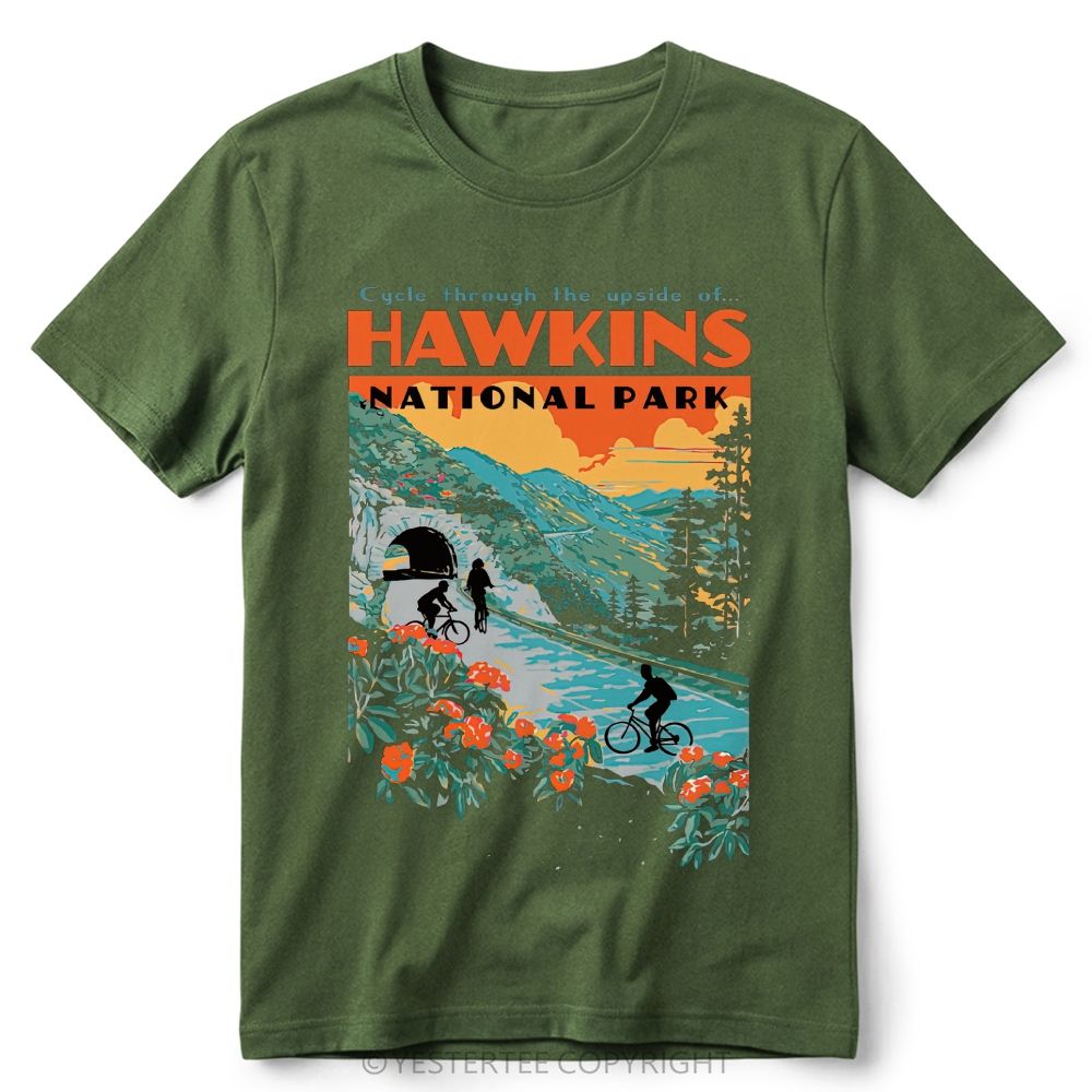 Retro Forest Bike Mountain Park Color  Cotton T-Shirt 
