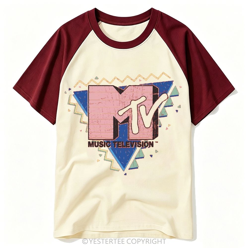 90s Geometric Triangle Vintage Music Channel Logo Baseball T-shirt 