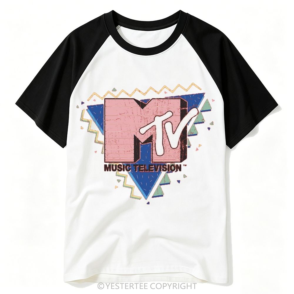 90s Geometric Triangle Vintage Music Channel Logo Baseball T-shirt 