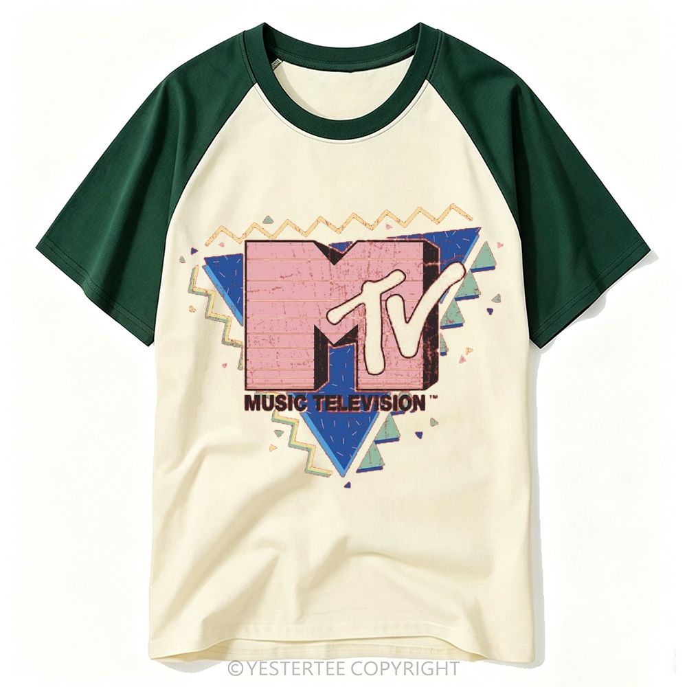 90s Geometric Triangle Vintage Music Channel Logo Baseball T-shirt 