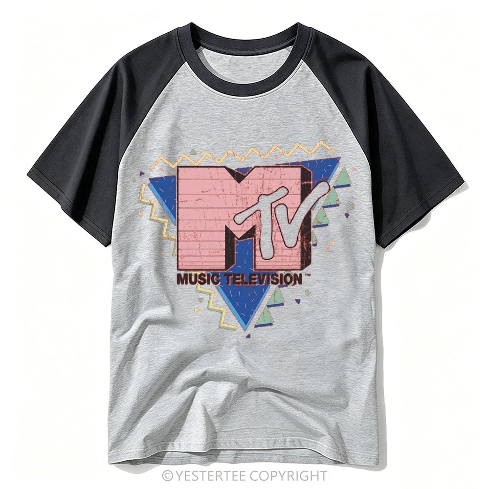 90s Geometric Triangle Vintage Music Channel Logo Baseball T-shirt 