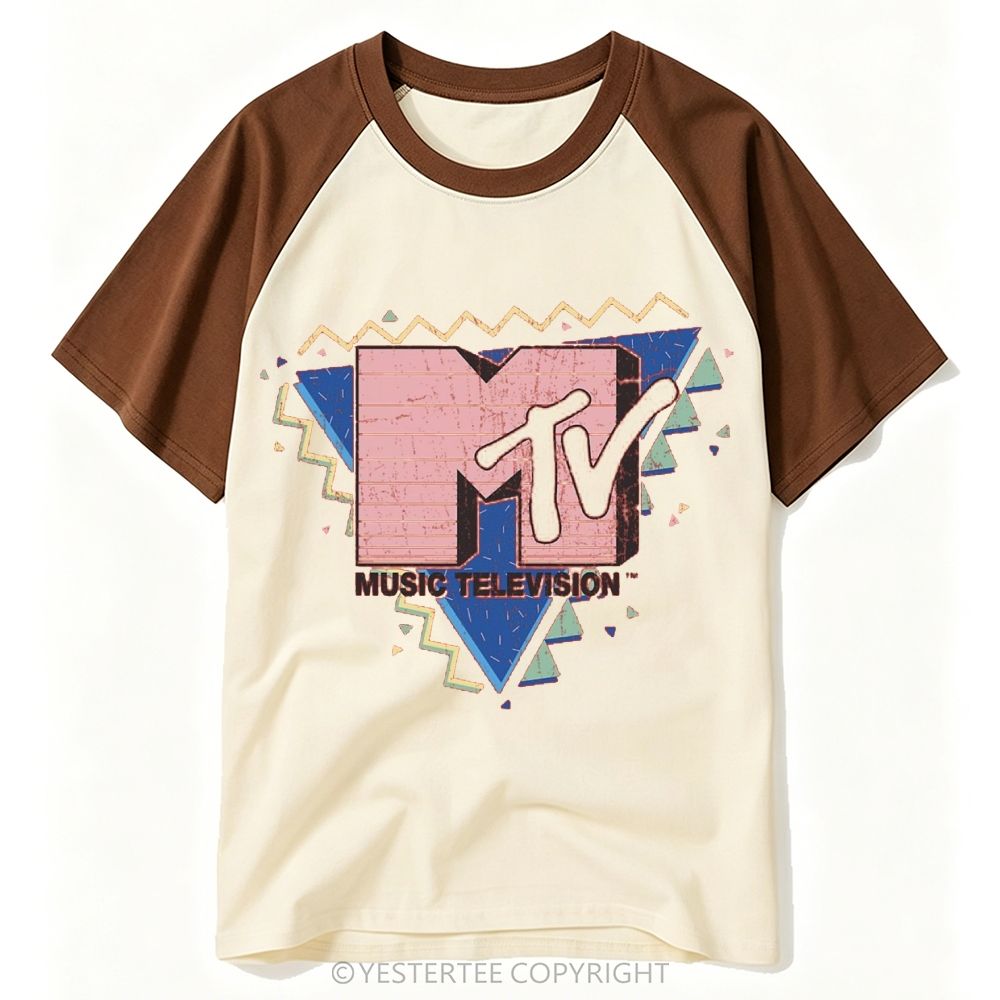 90s Geometric Triangle Vintage Music Channel Logo Baseball T-shirt 
