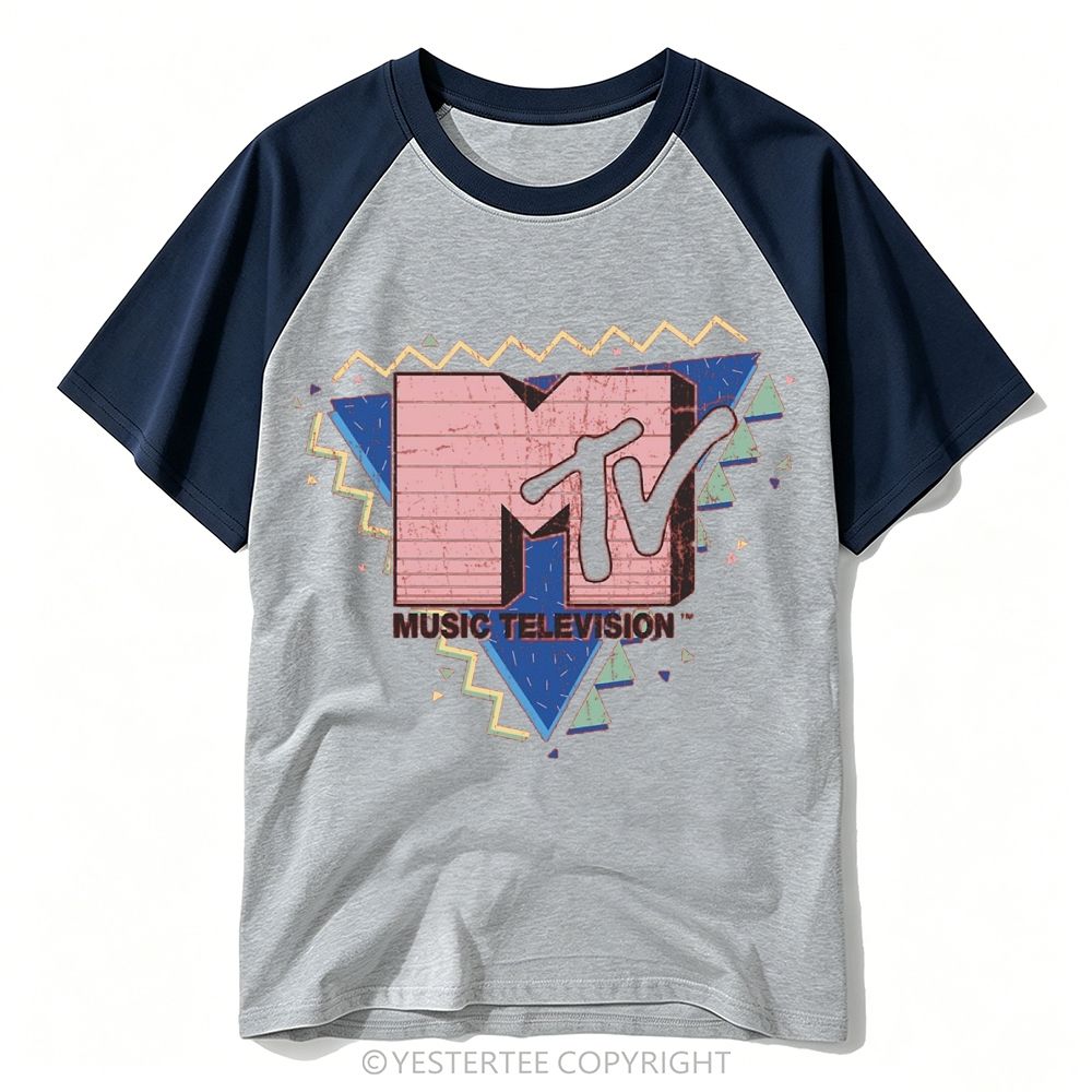 90s Geometric Triangle Vintage Music Channel Logo Baseball T-shirt 