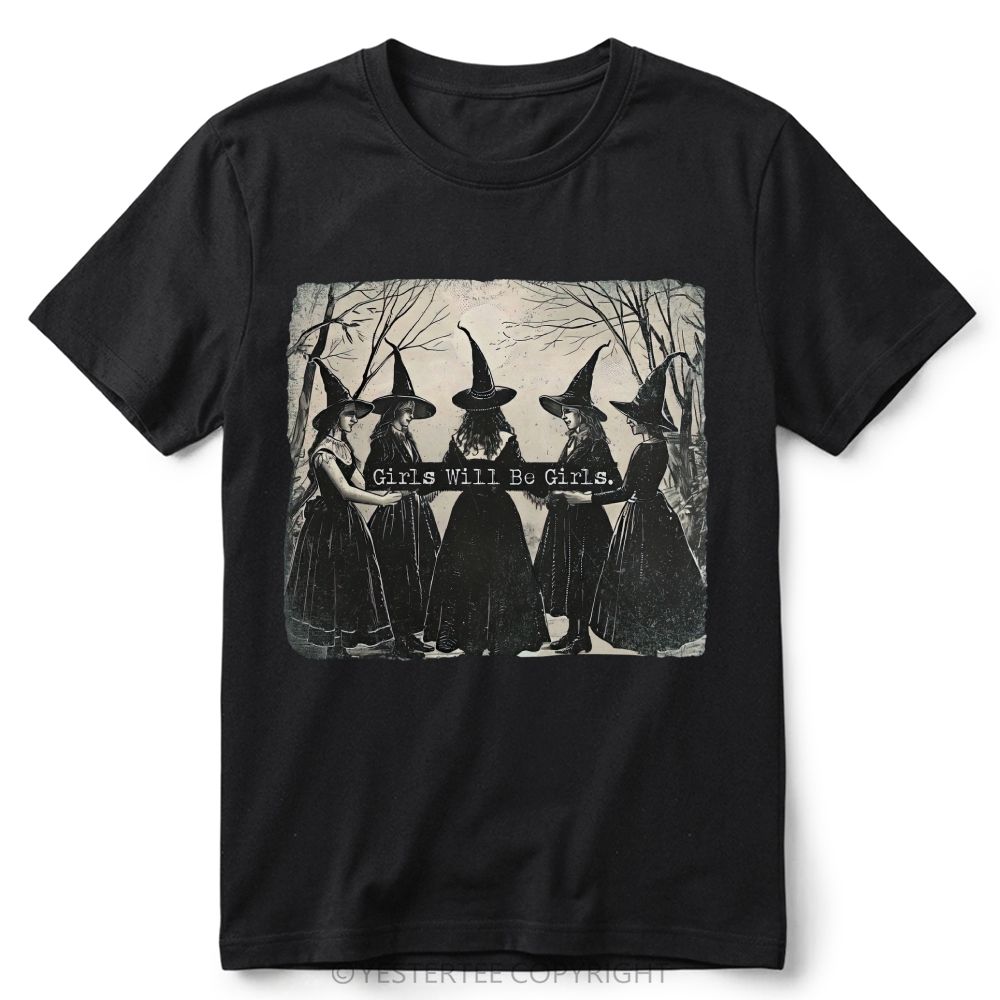 Vintage Distressed Forest Witch Group Retro Cotton T-Shirt 