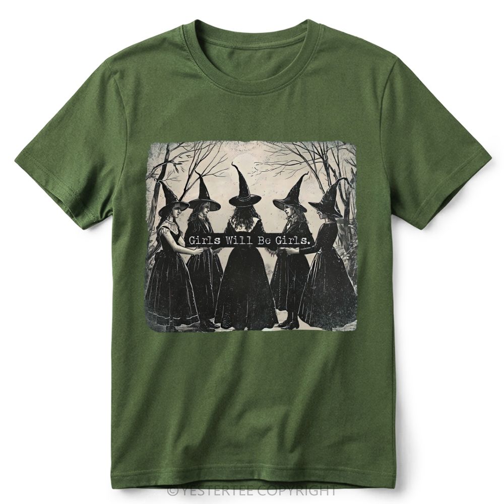 Vintage Distressed Forest Witch Group Retro Cotton T-Shirt 