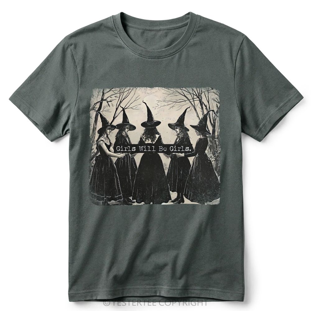 Vintage Distressed Forest Witch Group Retro Cotton T-Shirt 