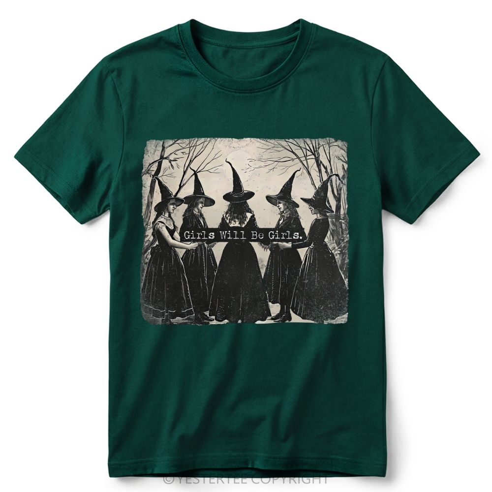 Vintage Distressed Forest Witch Group Retro Cotton T-Shirt 