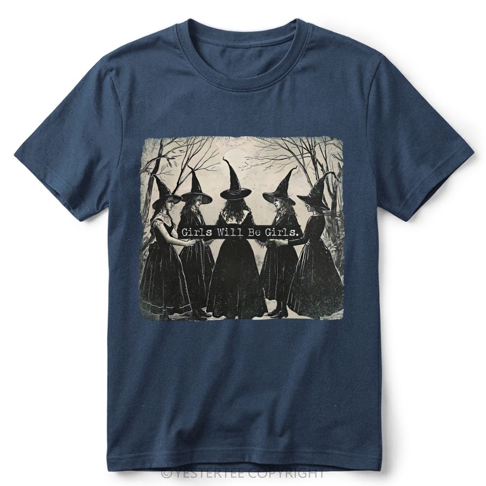 Vintage Distressed Forest Witch Group Retro Cotton T-Shirt 