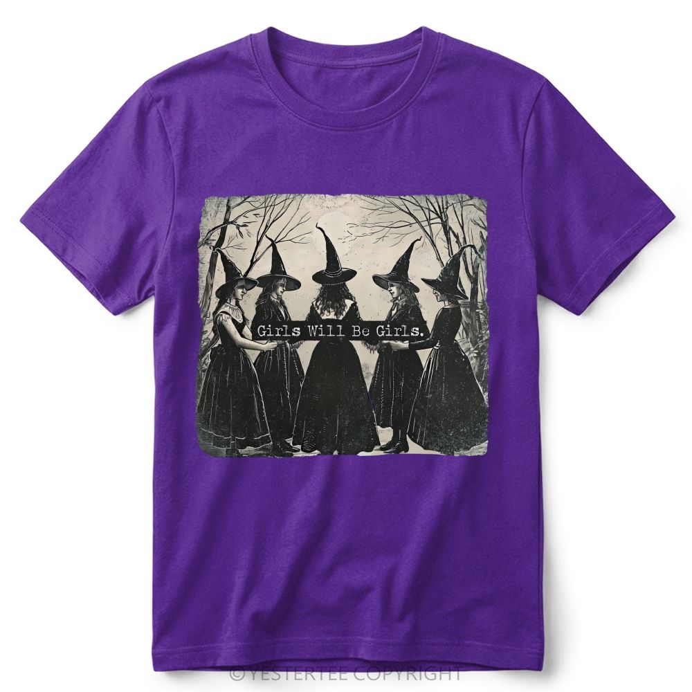 Vintage Distressed Forest Witch Group Retro Cotton T-Shirt 