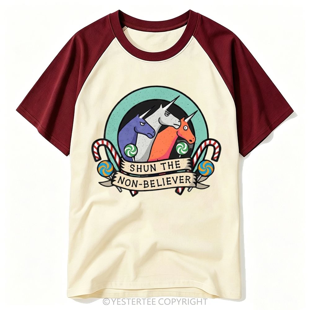Circus Badge Three Color Unicorn Candy Cane Baseball T-shirt