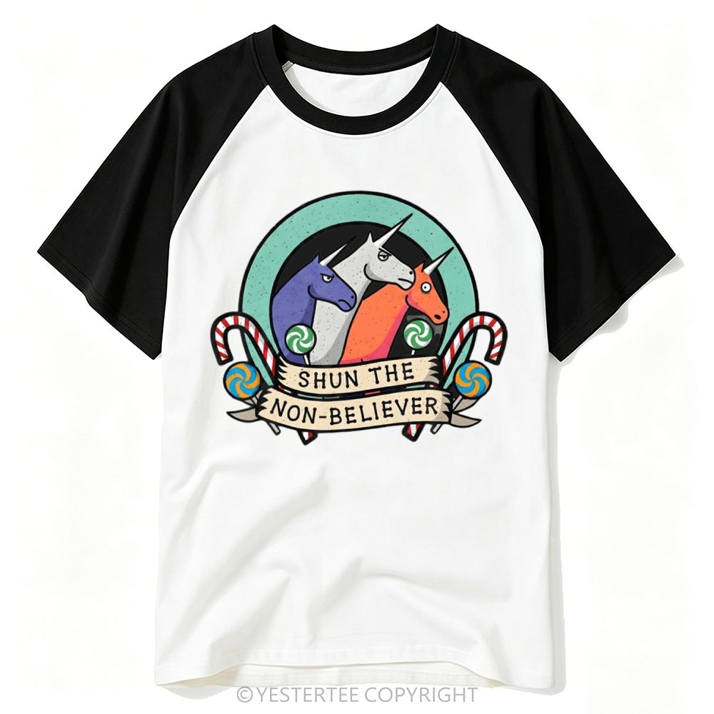 Circus Badge Three Color Unicorn Candy Cane Baseball T-shirt